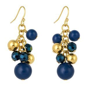 NWT Jules B Cluster Bead Earrings Blue Gold Tone Dangle 2" Statement Jewelry